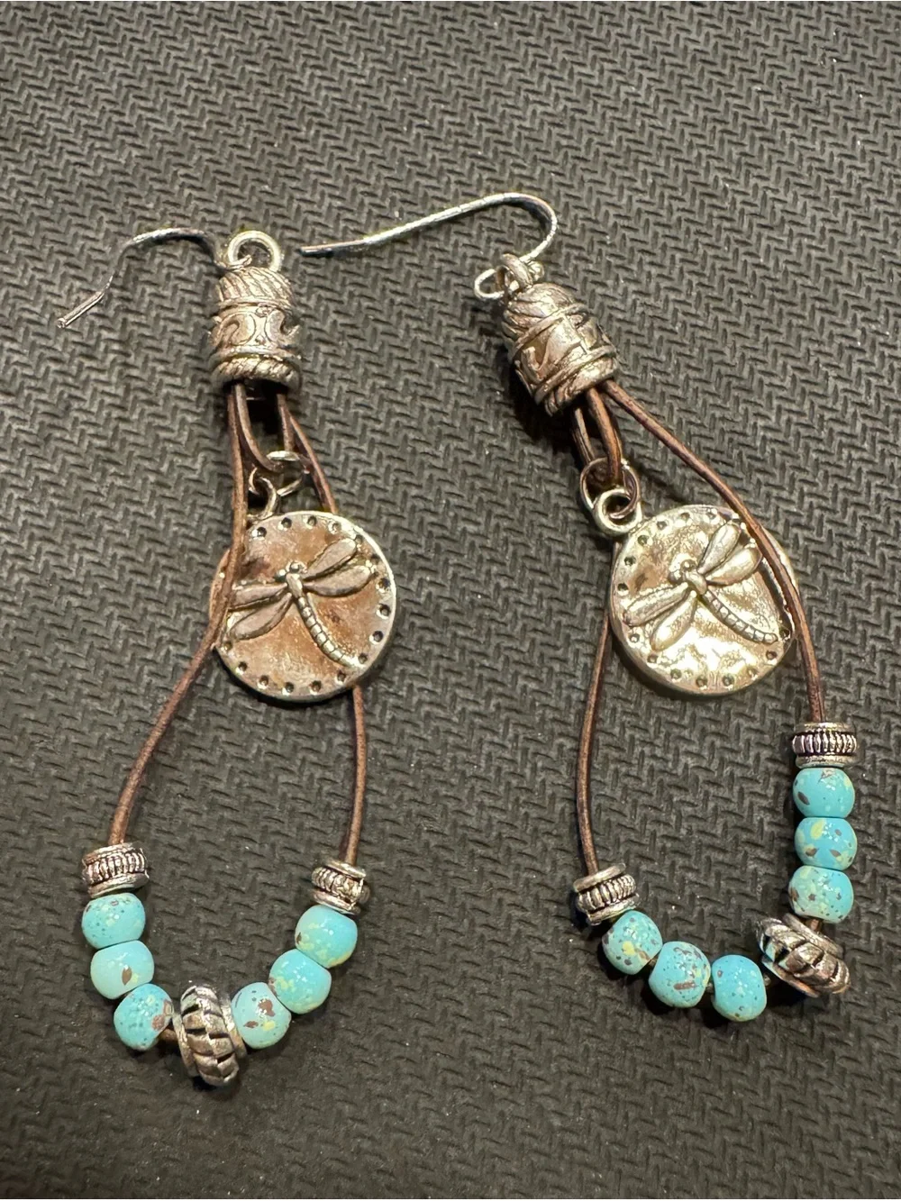 Turquoise Bead Silver Tone Dragonfly Drop Earrings